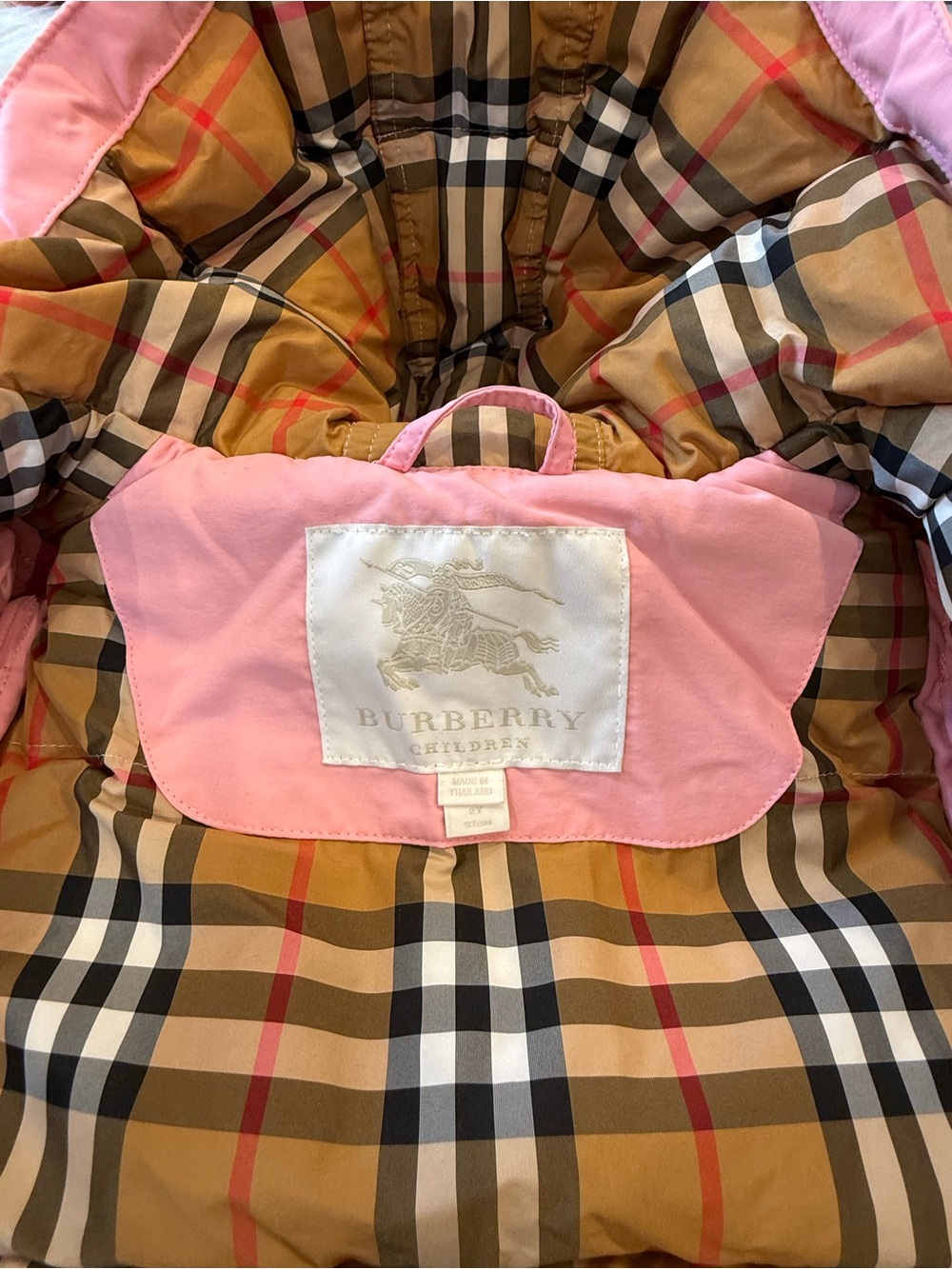 Burberry Pink Puffer Hooded Coat with Plaid Lining - Picture 3 of 4
